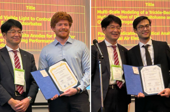 Ryan Berry (left) and Norleakvisoth Lim are presented with their awards by Manabu Ihara, director of the Institute of Science Tokyo's Academy of Energy and Informatics