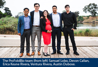 An image of the ProFoldBio team after the New Venture Competition finals, standing on a deck next to the UC Santa Barbara lagoon