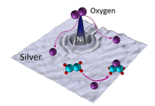 A computer-generated image showing single nickel (Ni) atoms embedded in silver, used to enhance oxygen dissociation and enable efficient production of ethylene oxide. Image: Elizabeth Happel