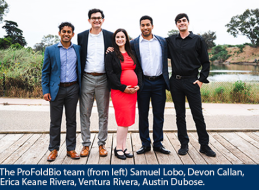 An image of the ProFoldBio team after the New Venture Competition finals, standing on a deck next to the UC Santa Barbara lagoon